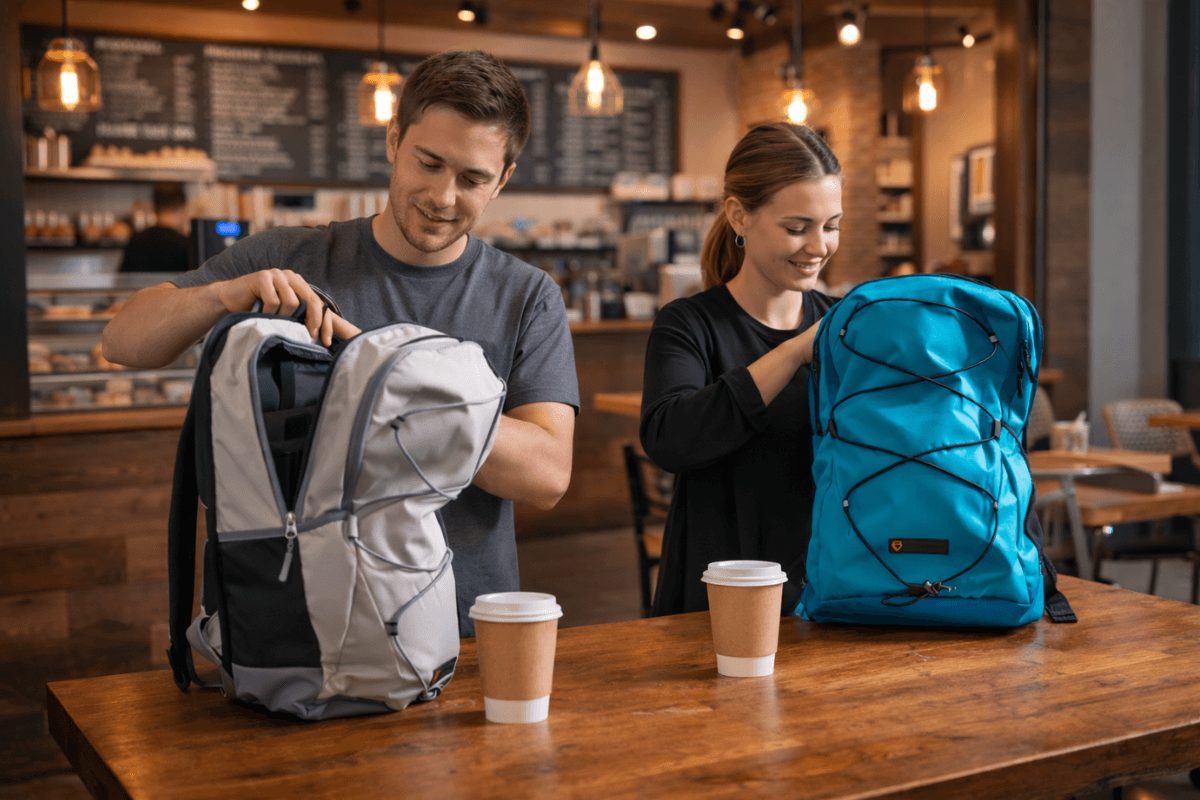 BP Backpacks Adults. 2 adults using 2 bullet resistant backpacks